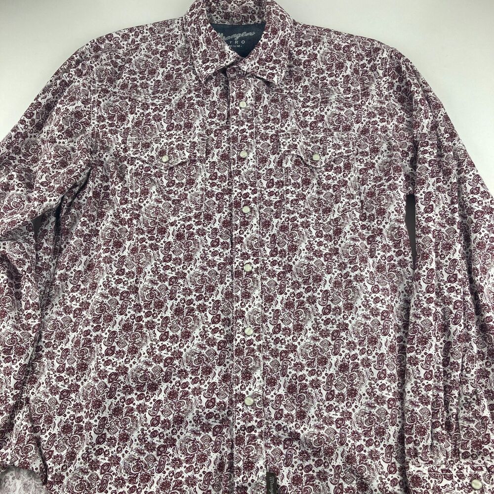 Wrangler Retro Premium Mens L Western Shirt Burgundy Paisley Pearl Snap Cowboy